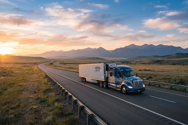 A semi truck cruising an open highway under a wide blue sky