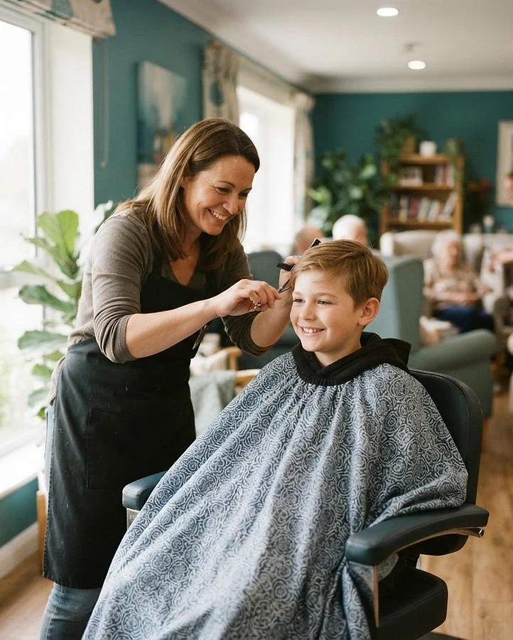 A licensed barber gently trimming a young resident's hair in a calm, dignified moment