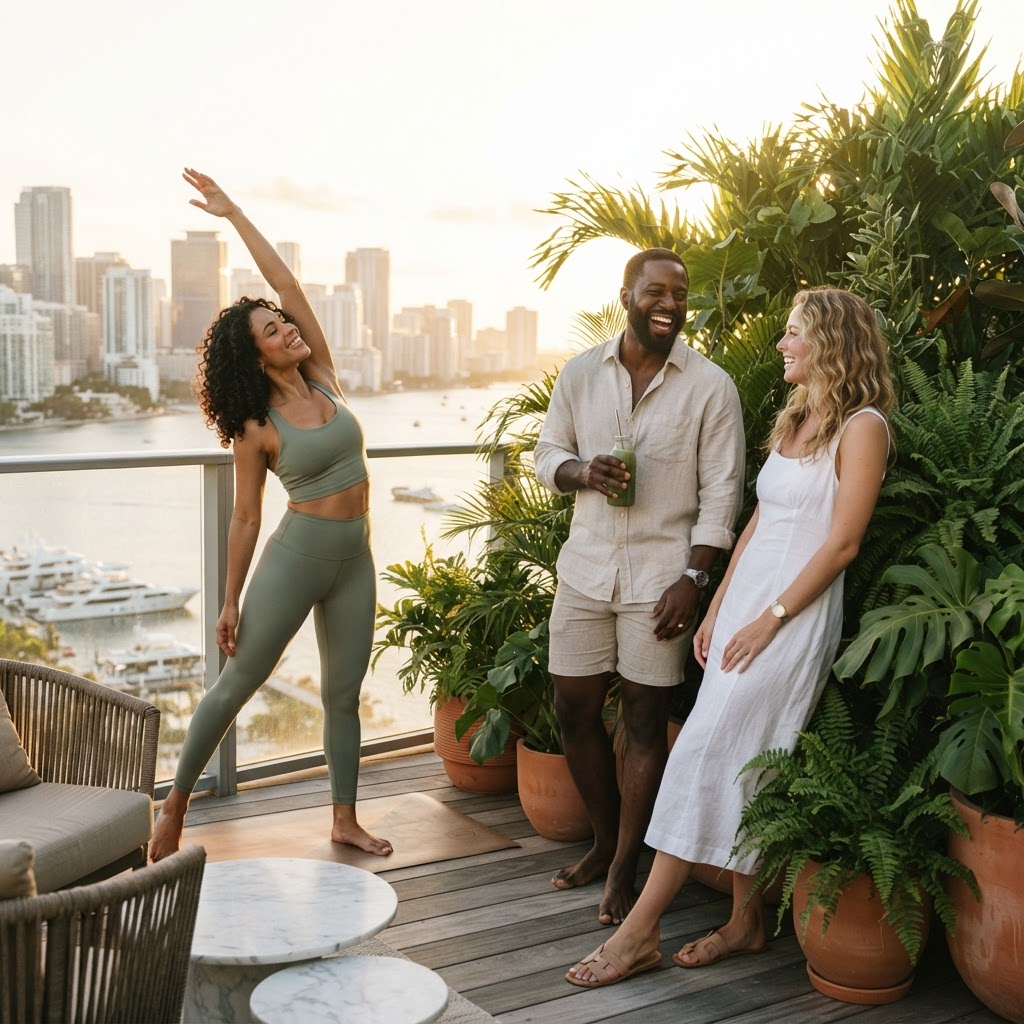 Diverse adults enjoying a Miami golden-hour gathering