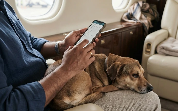 Pet parent sharing travel details while a dog rests close by