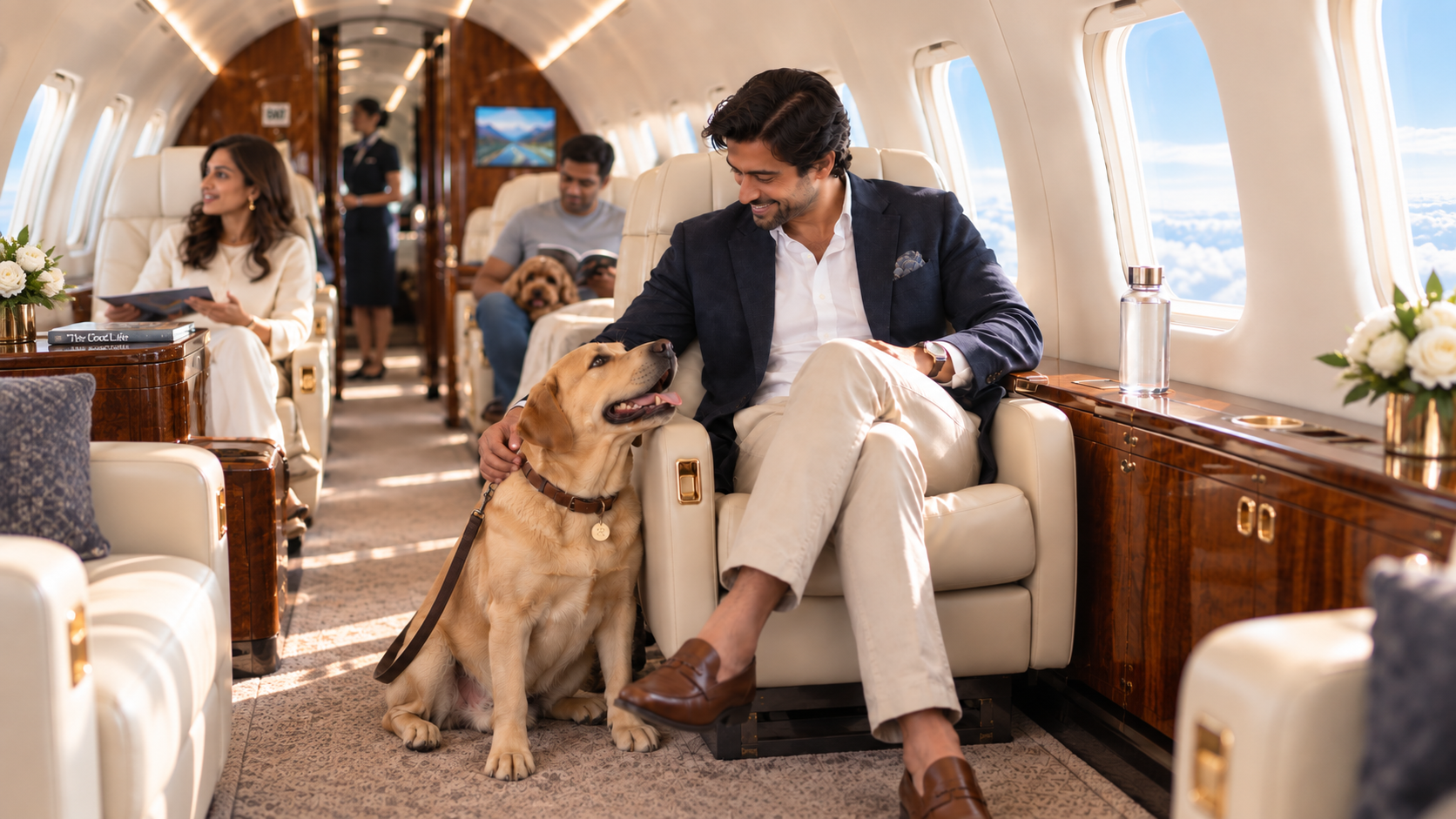 A pet parent sitting beside his dog in a shared private aircraft cabin