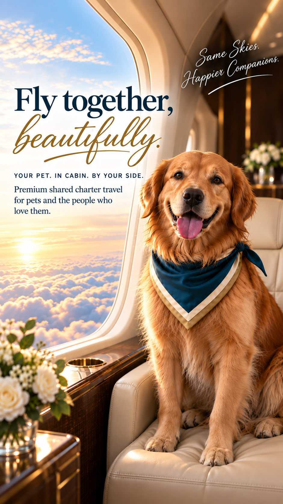 Buddy aboard a private aircraft, inviting families to fly together beautifully
