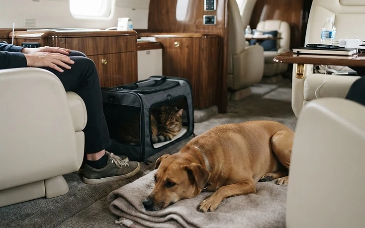 A dog resting crate-free in the cabin while a cat remains secure in a carrier