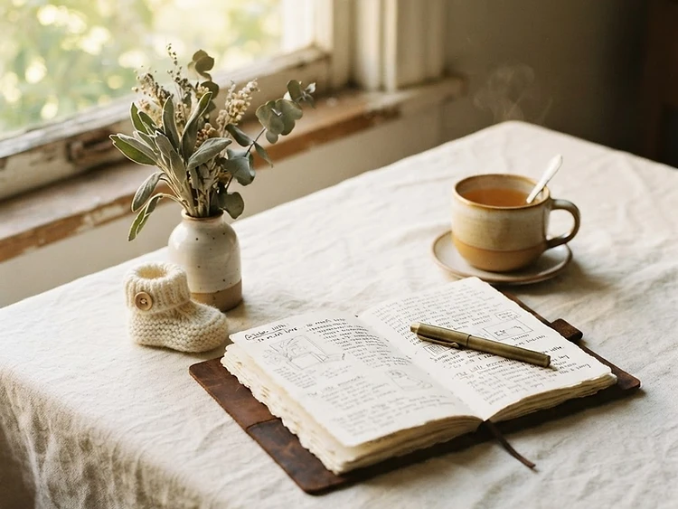 An open journal, dried sage, a baby bootie, and tea on a sunlit cream table