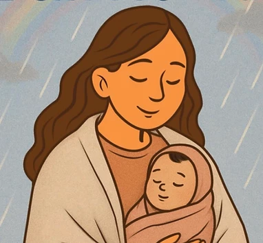 A mother gently cradling her baby in the rain