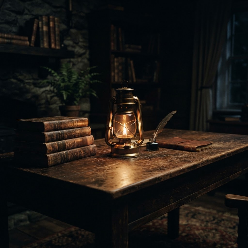 Bureau ancien avec lanterne et livres