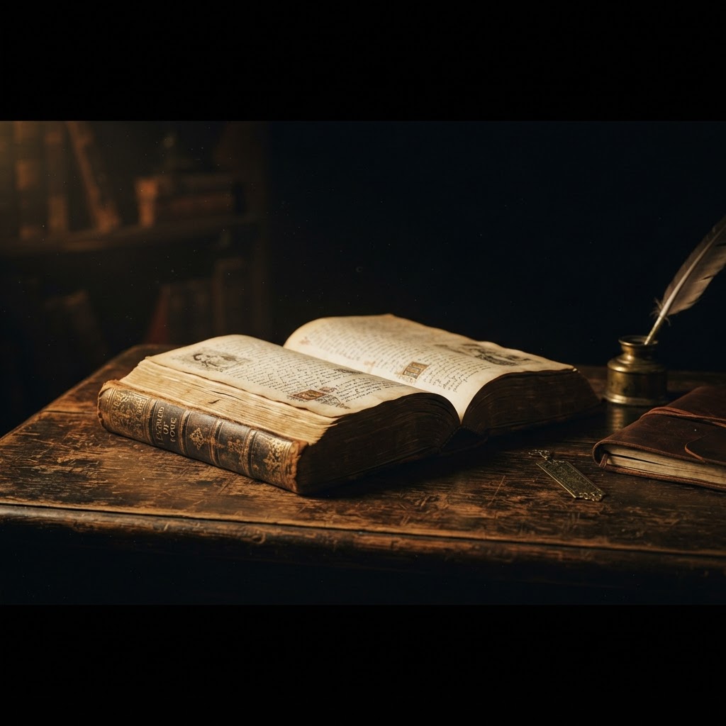Livre ouvert sur un bureau sombre