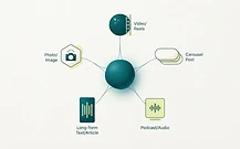 Abstract diagram of one content idea branching into five channel-native formats