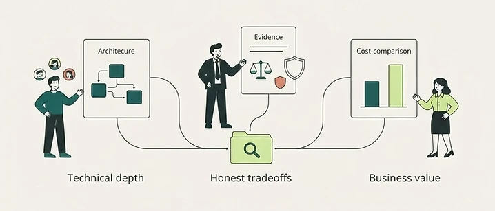 Corporate Memphis illustration of a practitioner, security leader, and financial sponsor evaluating cybersecurity evidence through technical depth, honest tradeoffs, and business value.