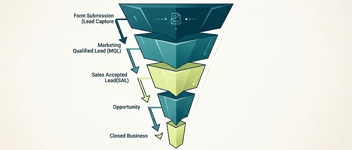 Abstract stage funnel from submission to closed business with explicit conversion rates