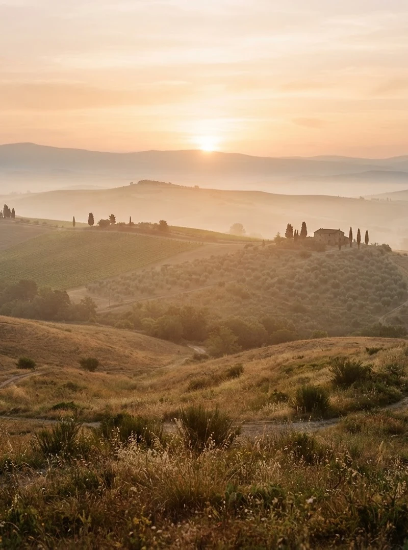 Misty warm landscape at golden hour