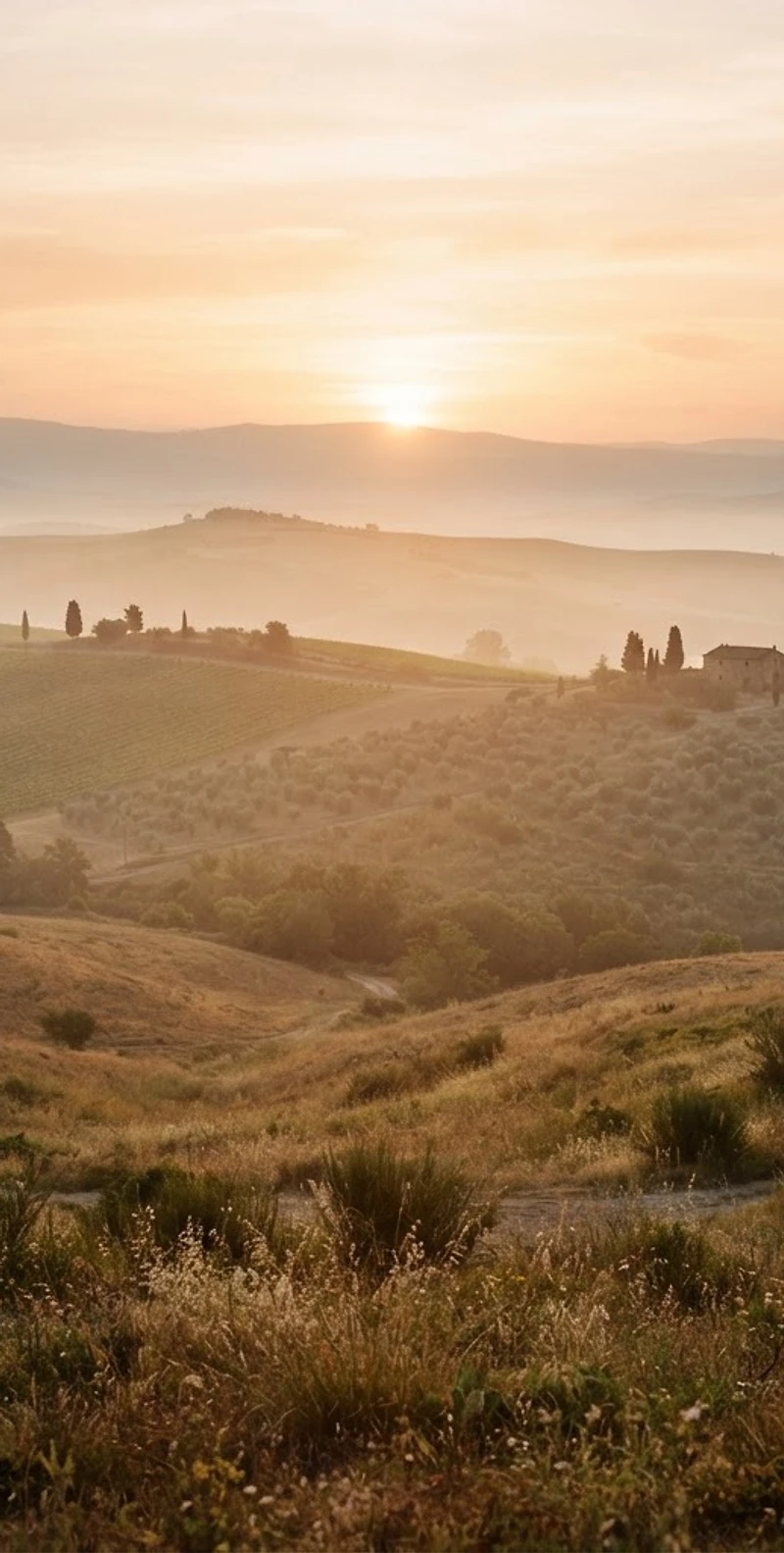 Misty warm landscape at golden hour