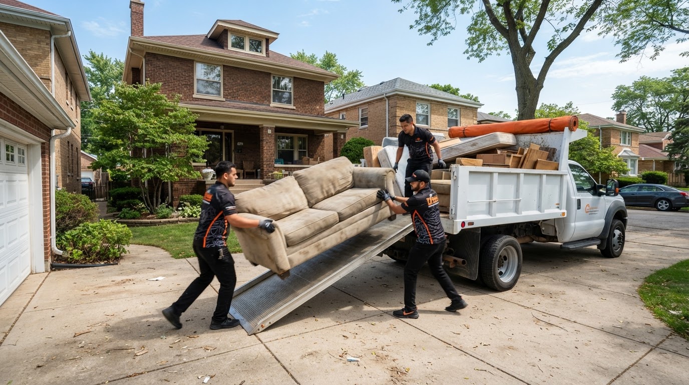 Junk Gorillas crew loading furniture into a truck in a Chicago suburb