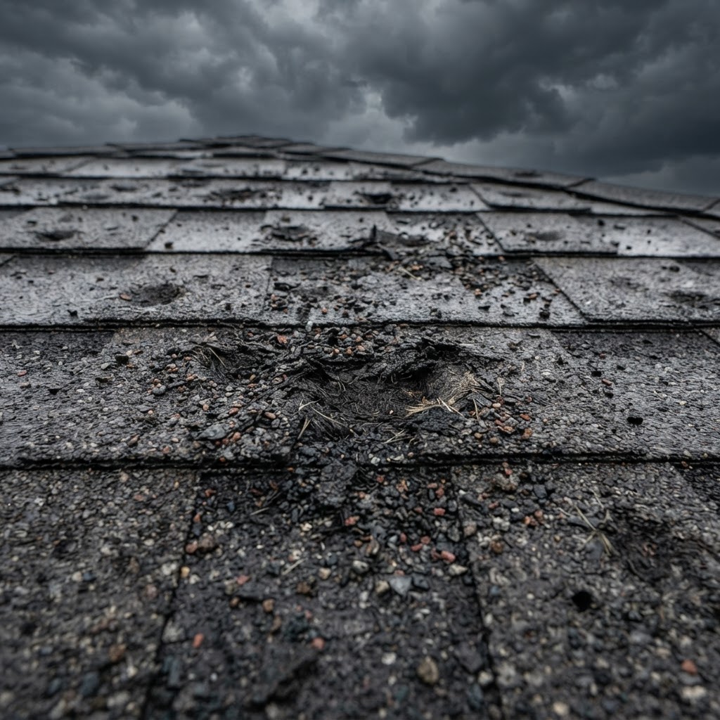 Hail-bruised shingles with granule loss on a residential roof