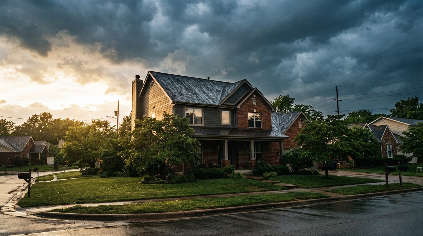 Aerial view of a suburban St. Louis home with a finished architectural shingle roof