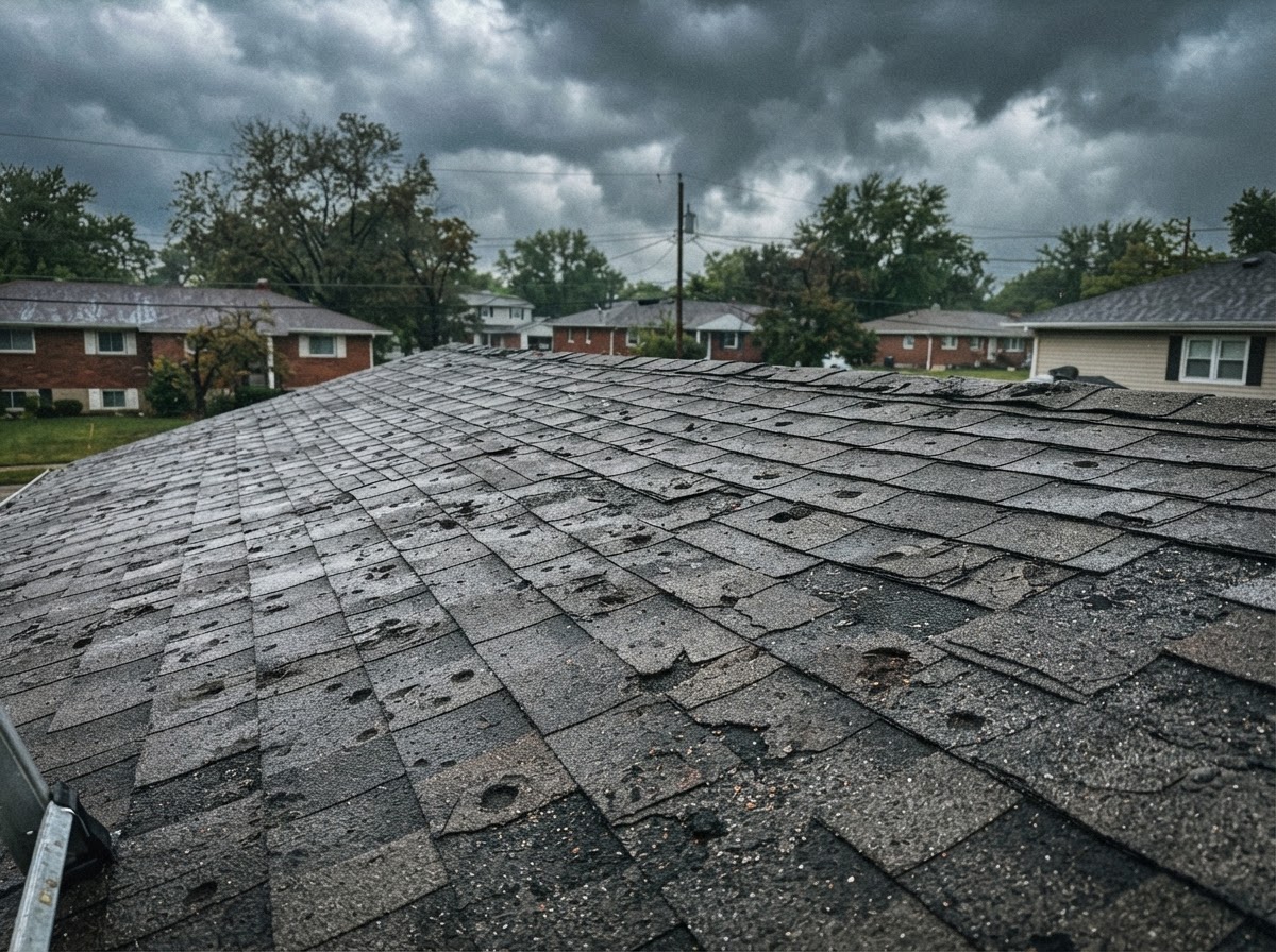 Before — hail damage on the same roof
