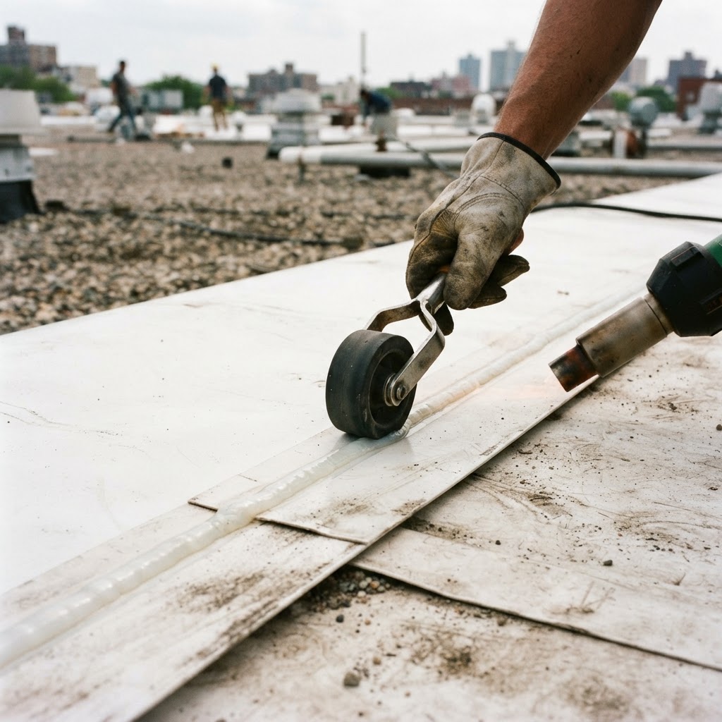 Heat-welded TPO membrane seam on a commercial flat roof