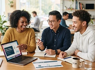Smiling professionals discussing their project in a shared workspace