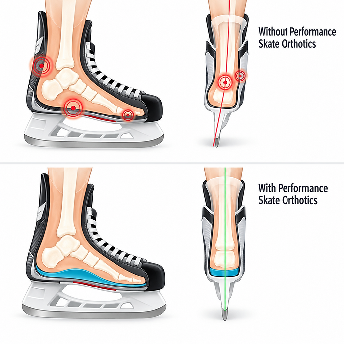 Illustration comparing a foot inside a hockey skate with and without a contoured orthotic, including side and rear views.