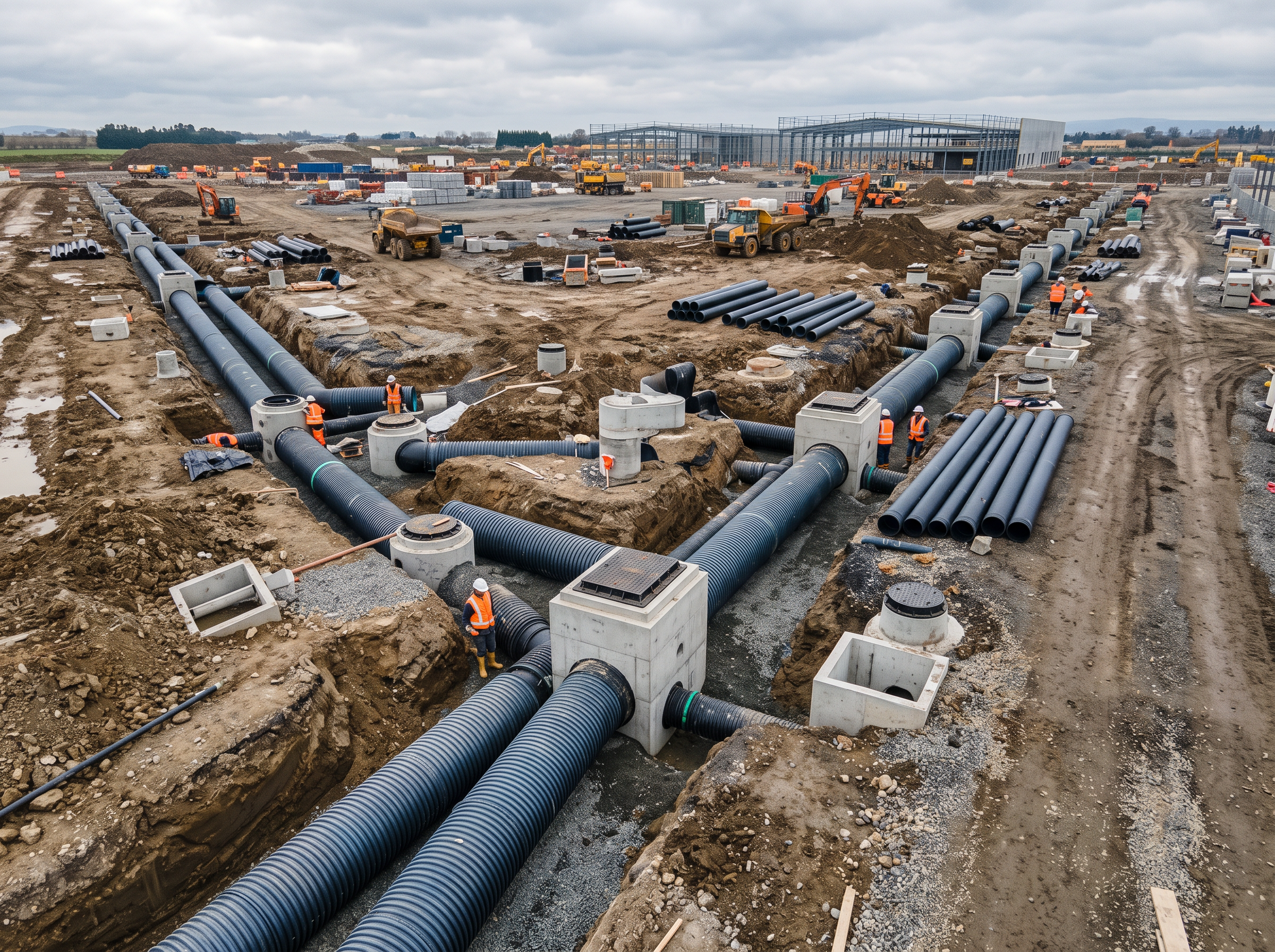Commercial drainage installation on a construction site with pipework, inspection chambers and workers laying new drainage runs