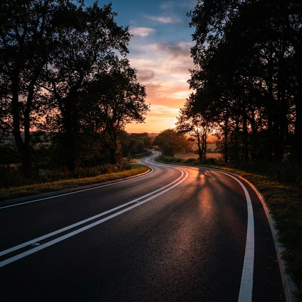 Scenic tree-lined road with newly paved tarmac and fresh white road markings at sunset