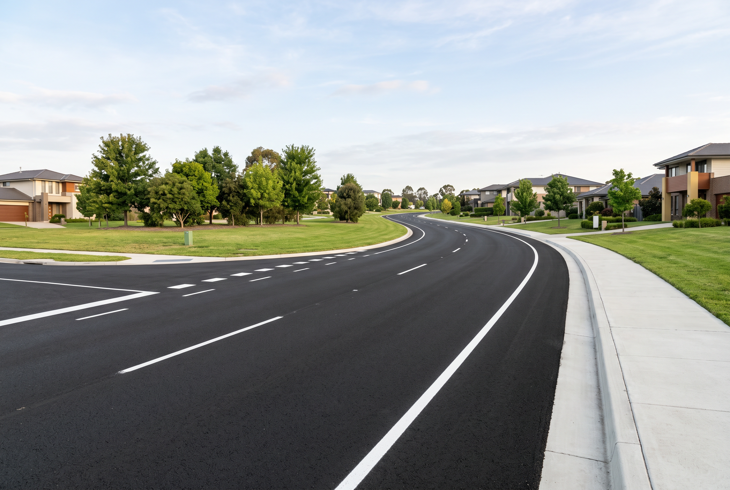 Newly surfaced residential roadway with crisp line markings