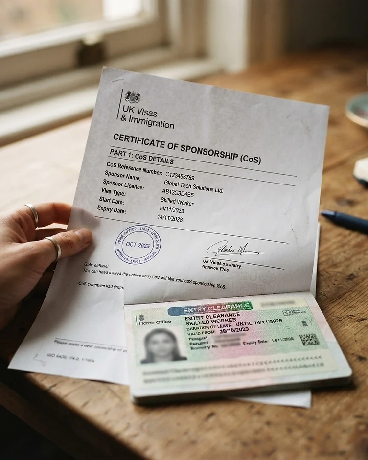 A Certificate of Sponsorship and work visa paperwork on a desk