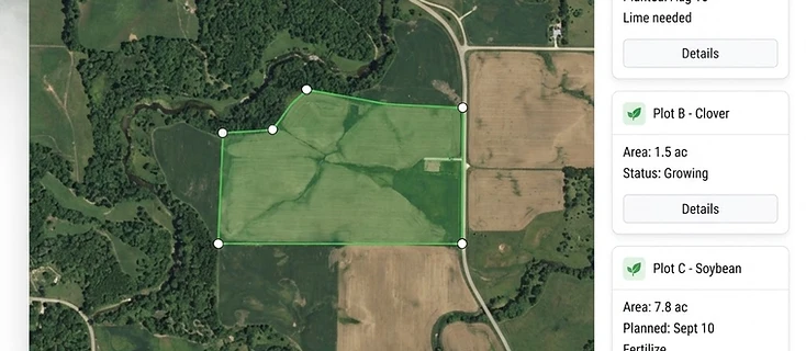 PlotScout map with a drawn parcel boundary and food plot plan panel