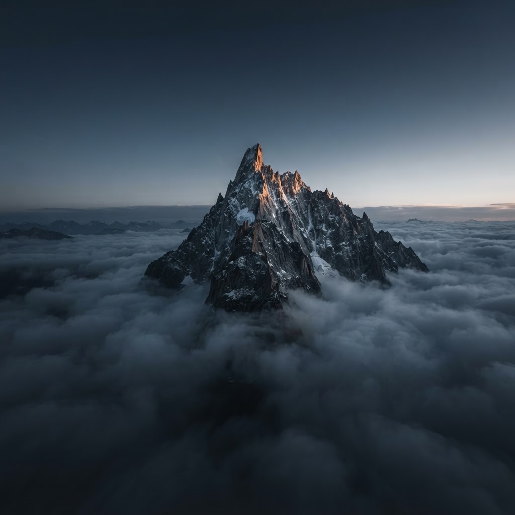 Granite mountain peak through clouds at blue hour