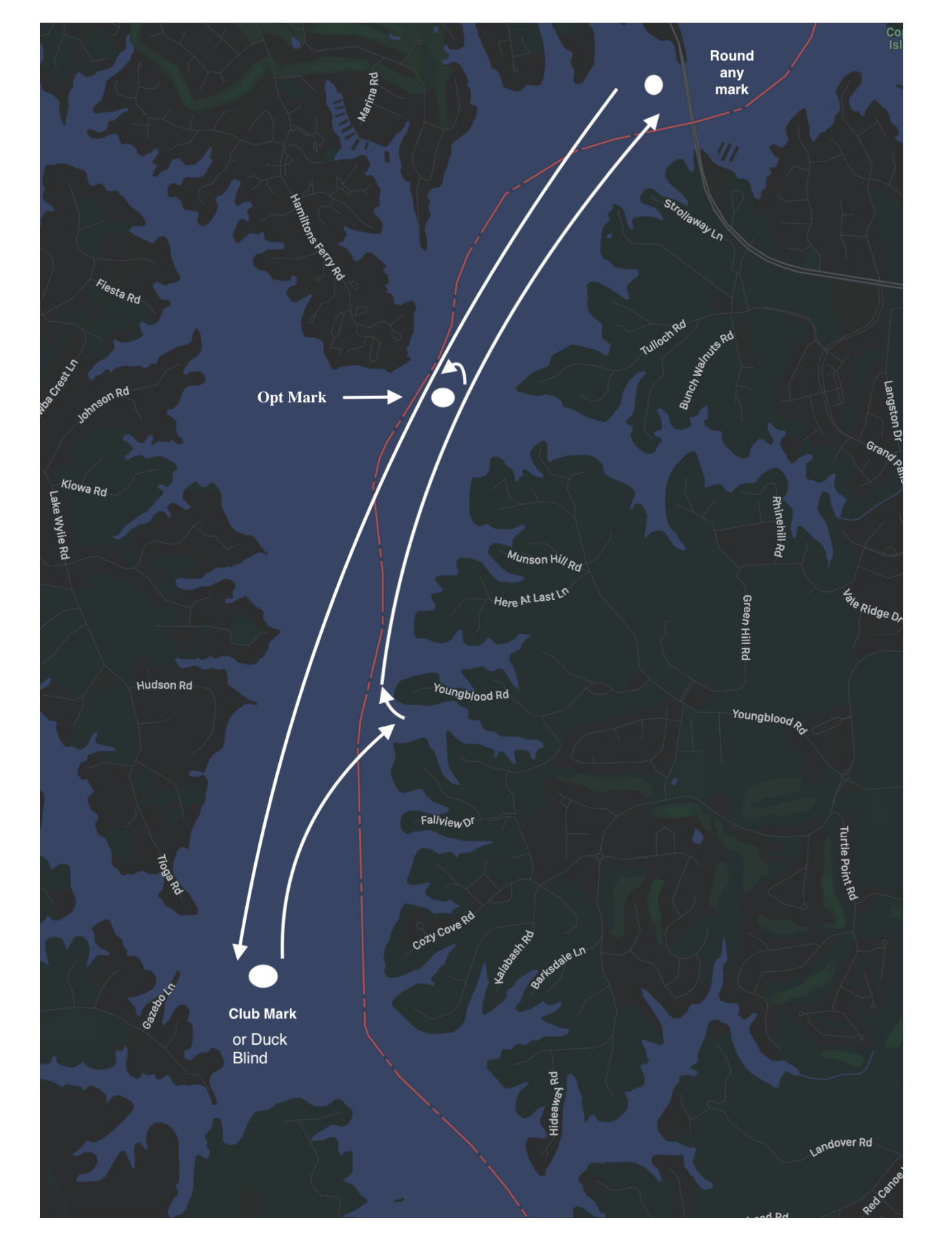 Map of CYC pursuit race courses on Lake Wylie