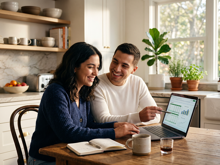 A couple reviewing their credit progress together at their kitchen table