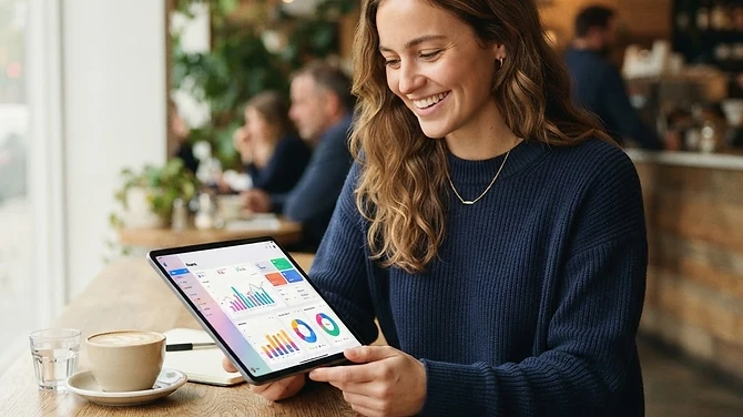 A woman reading a credit education guide on her tablet