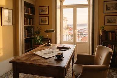 A refined sun-drenched study in a classic Lisbon apartment