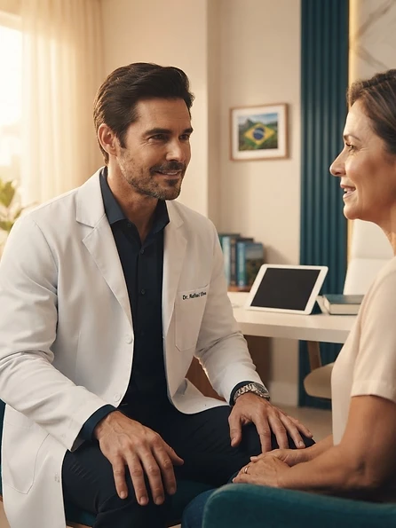 Médico de família conversando com paciente em clínica de atenção primária