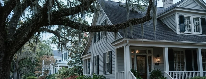 Live oaks and a Wilmington home's roofline