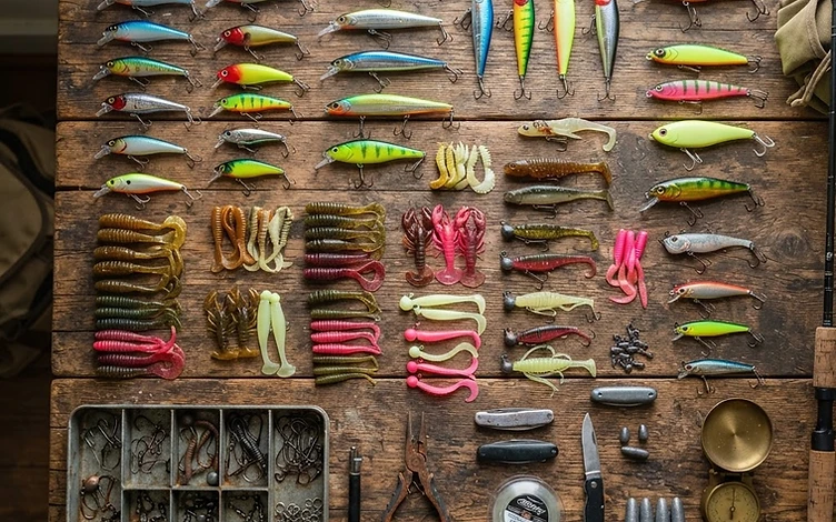 Assorted fishing lures and bait on a wooden table