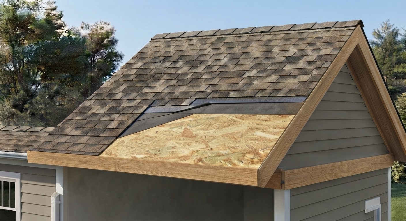 Cutaway of a roof showing decking, underlayment, and shingle layers