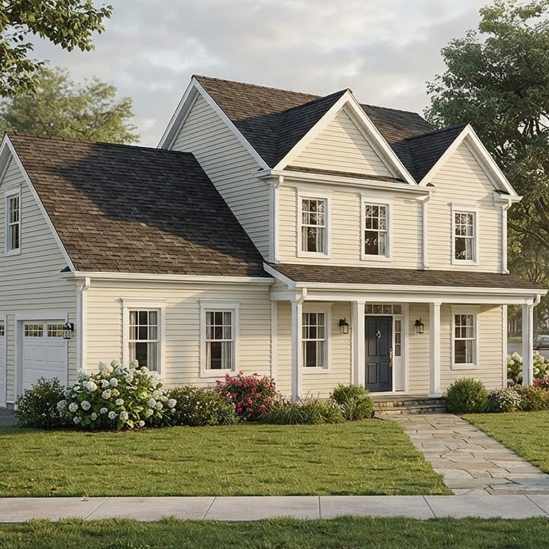 Two-story home with charcoal architectural shingles, white siding, and a dark navy front door