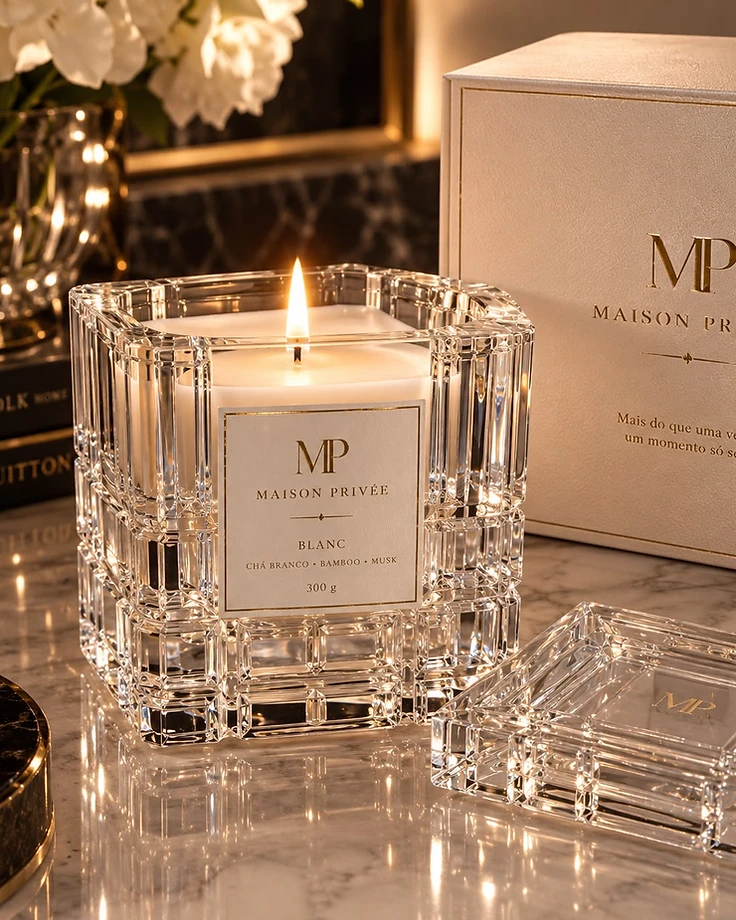 Vela artesanal aromatizada Maison Privée modelo Blanc — cera vegetal de coco com embalagem magnética