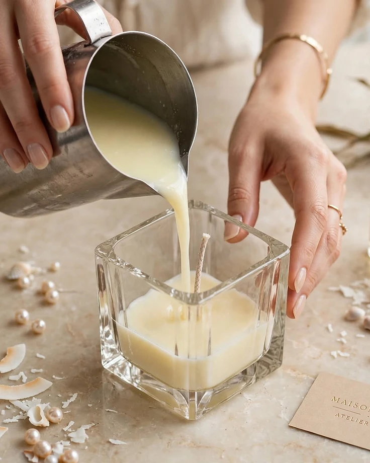 Artesão derramando cera vegetal de coco no atelier da Maison Privée — produção artesanal de velas aromatizadas em pequenos lotes