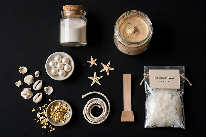 Insumos premium Maison Privée — pérolas, conchas, mica champagne, folha de ouro