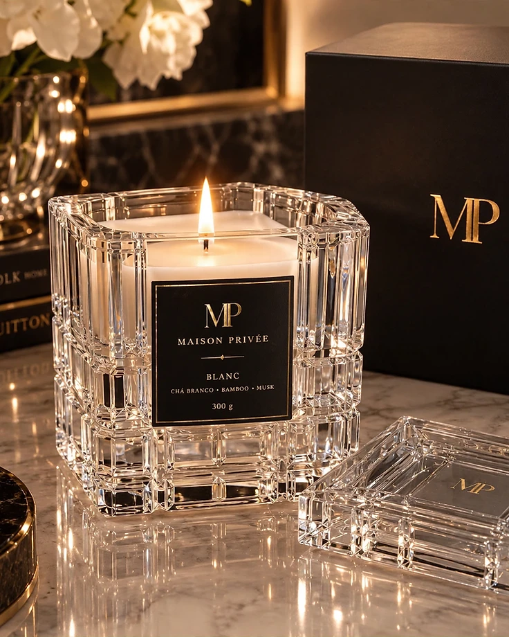Embalagem magnética de luxo da vela artesanal Maison Privée — caixa rígida preta com hotstamp dourado