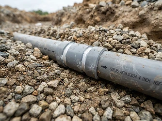 Close-up of a septic pipe join set in gravel