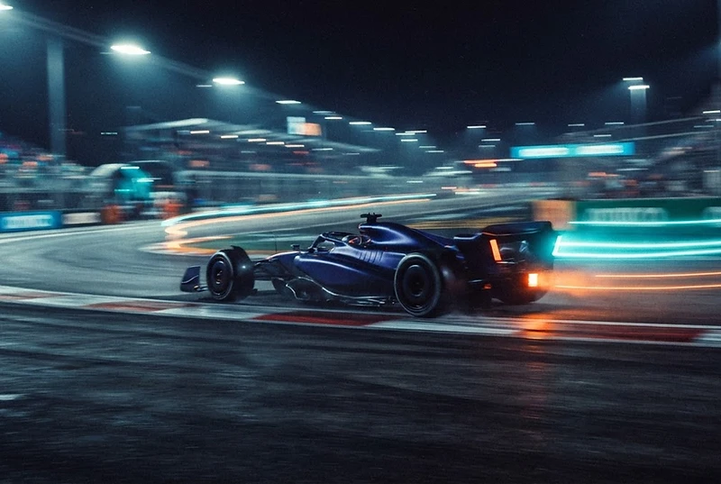 Formula 1 car racing under floodlights at night