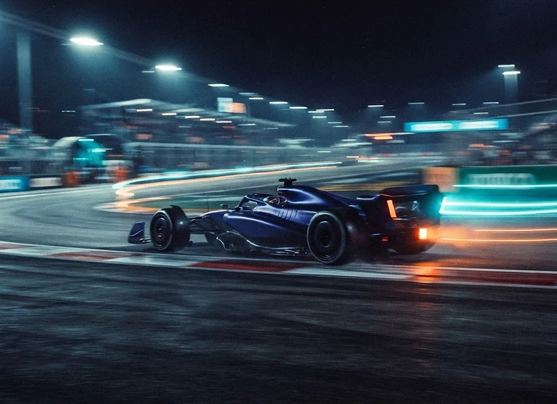 Formula 1 car racing under floodlights at night