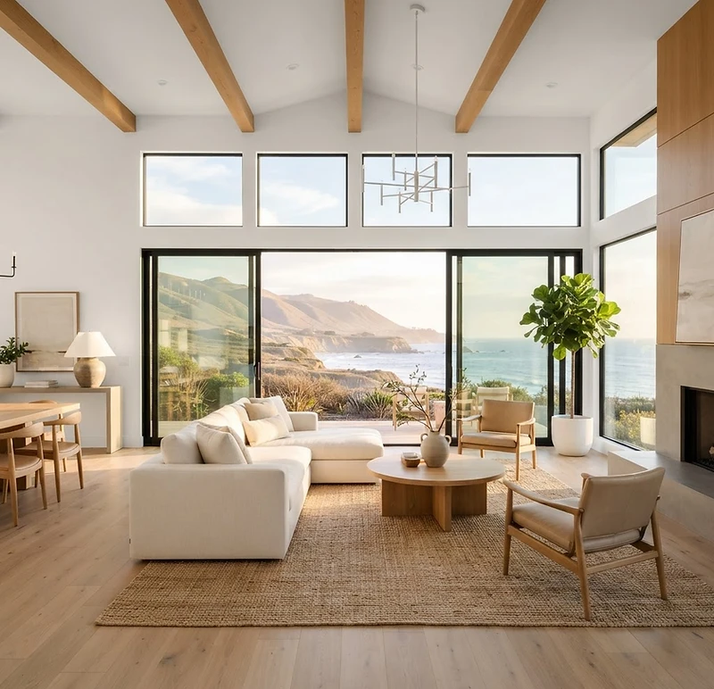 A sunlit modern Central Coast living room with a newly installed HVAC system