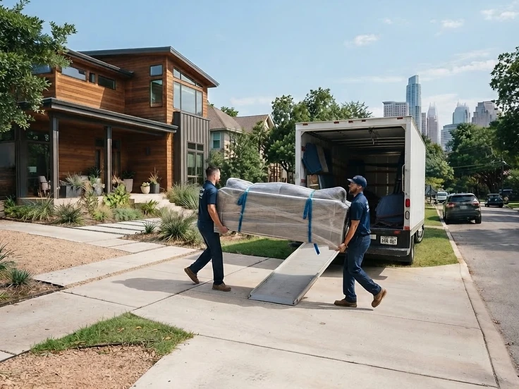 Lamas Moving movers carrying a wrapped sofa from the truck into an Austin home