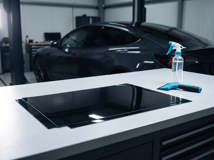 Sauber zugeschnittene Tönungsfolie mit Rakel und Sprühflasche auf einem Arbeitstisch, dahinter ein Fahrzeug mit getönten Scheiben
