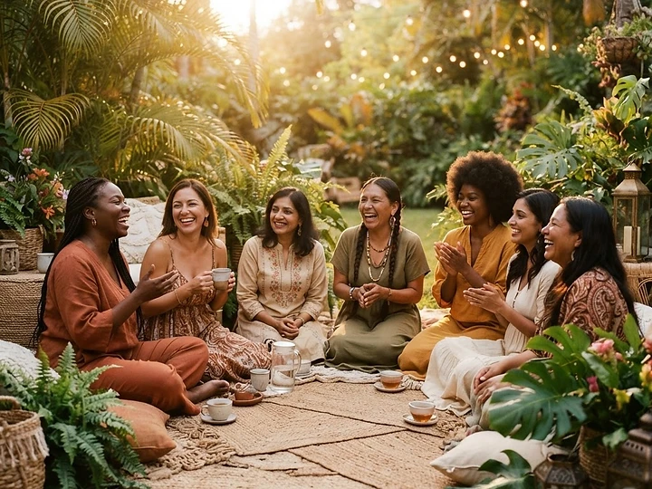 Women of colour gathered together at a golden-hour wellness retreat