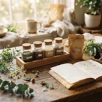 Seed cycling jars, adaptogen blend, and a cycle journal arranged for the fertility chapter